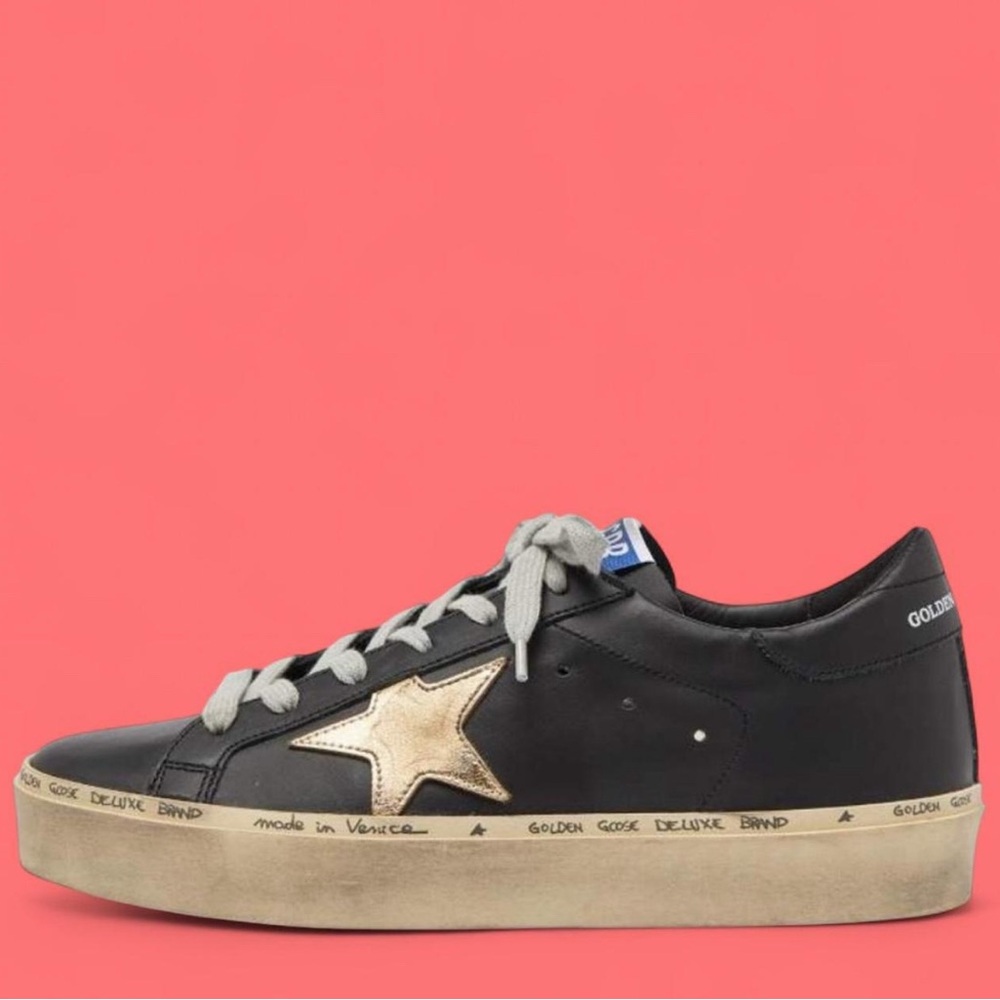Black Leather Sneakers with Gold Star Accent